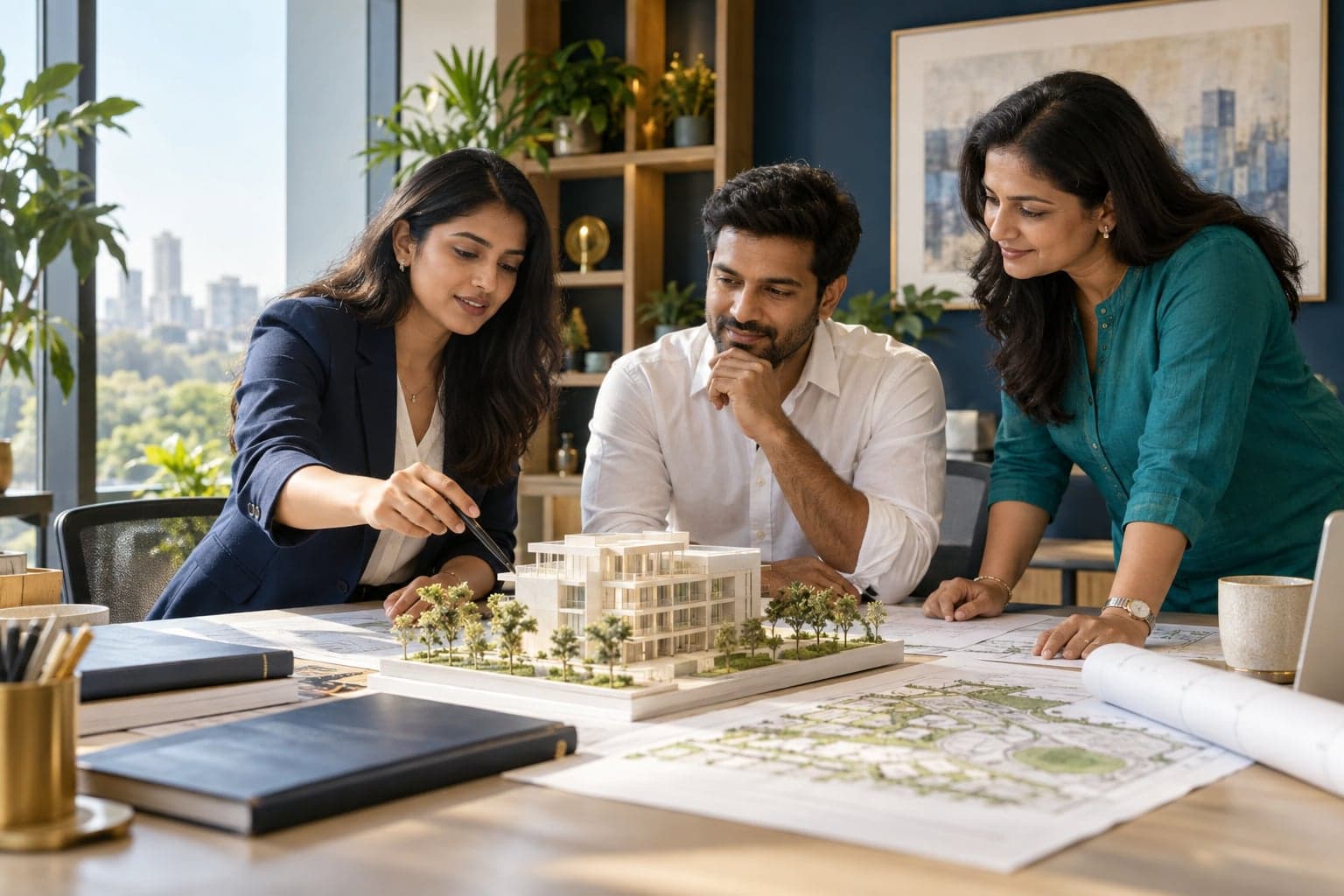 Illustrative planning conversation around a building model and site drawings.